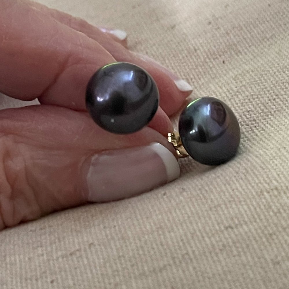Black Button Cultured Pearl Stud Earrings with 14K Post and back